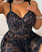 Heart‑Floral Lace Ruffled Babydoll