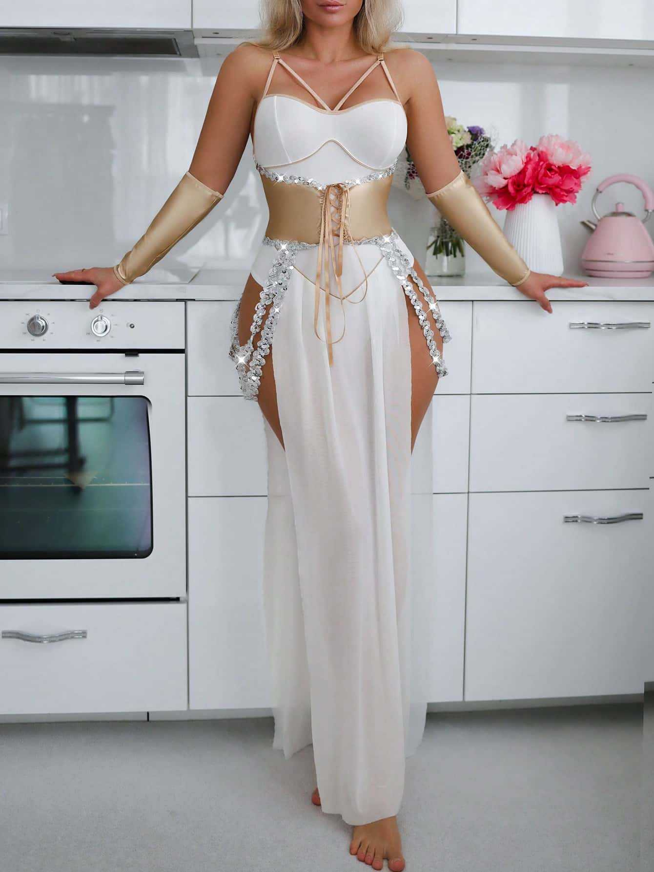 Seductive Sheer Lingerie Costume with Sequin Chain And Lace-Up Waist