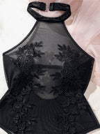 Halter Neck Floral Embroidered Sheer Mesh Bodysuit