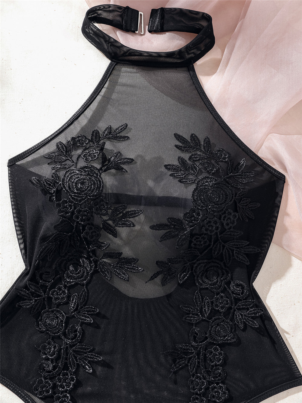 Halter Neck Floral Embroidered Sheer Mesh Bodysuit