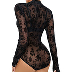 Sheer Mesh Bodysuit with Velvet Floral Embroidery