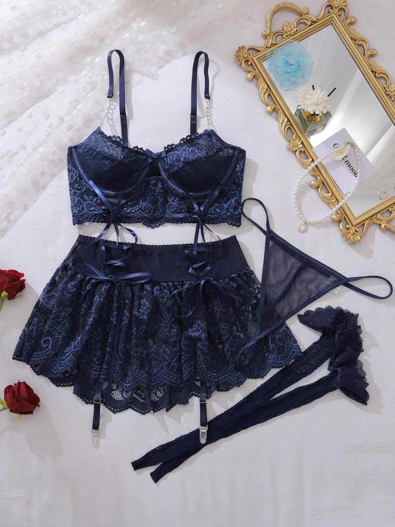 Lace Push-Up Bra And Garter Skirt Lingerie Set with Chain Detail