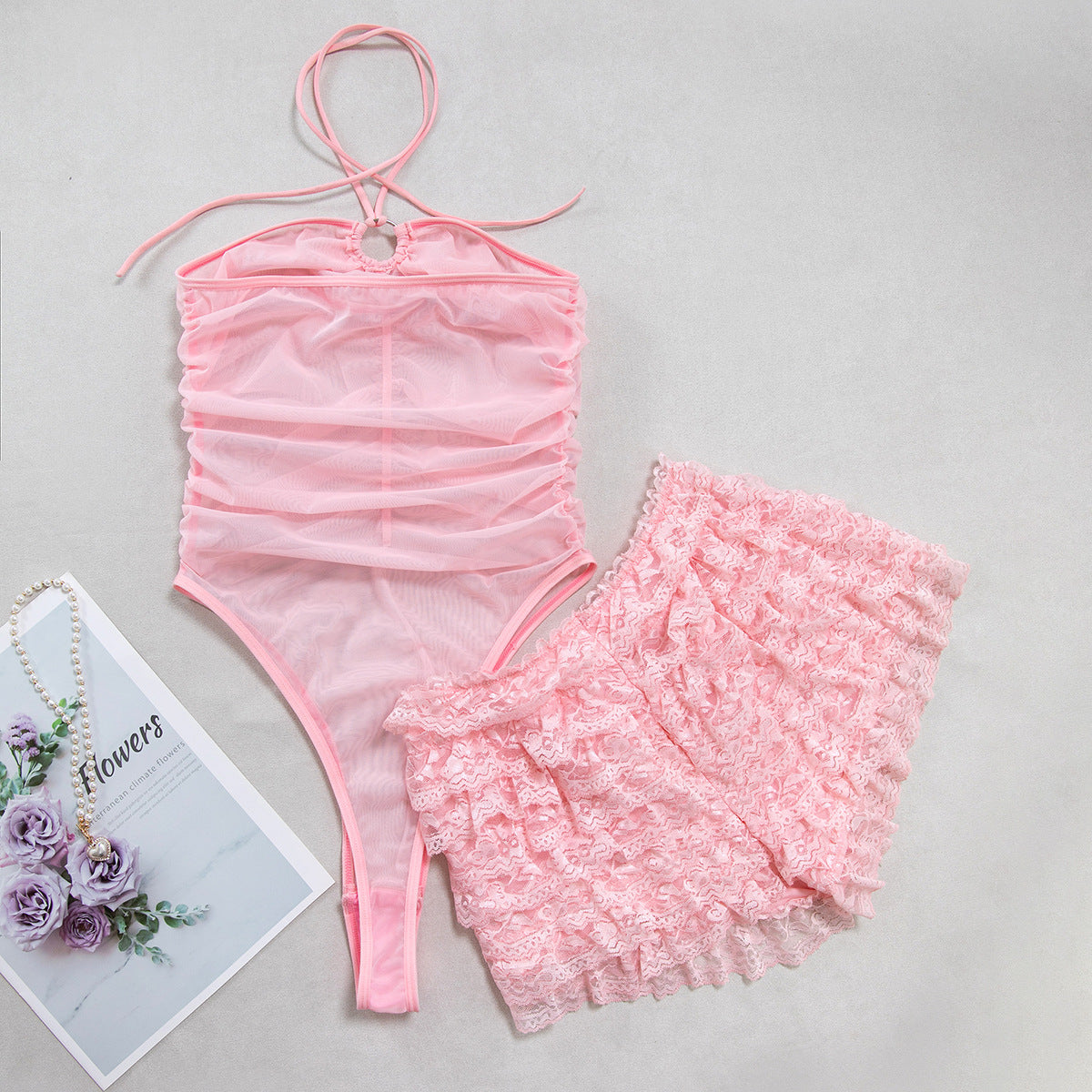 Tiered Ruffled Lace Shorts 2‑Piece Lingerie Set