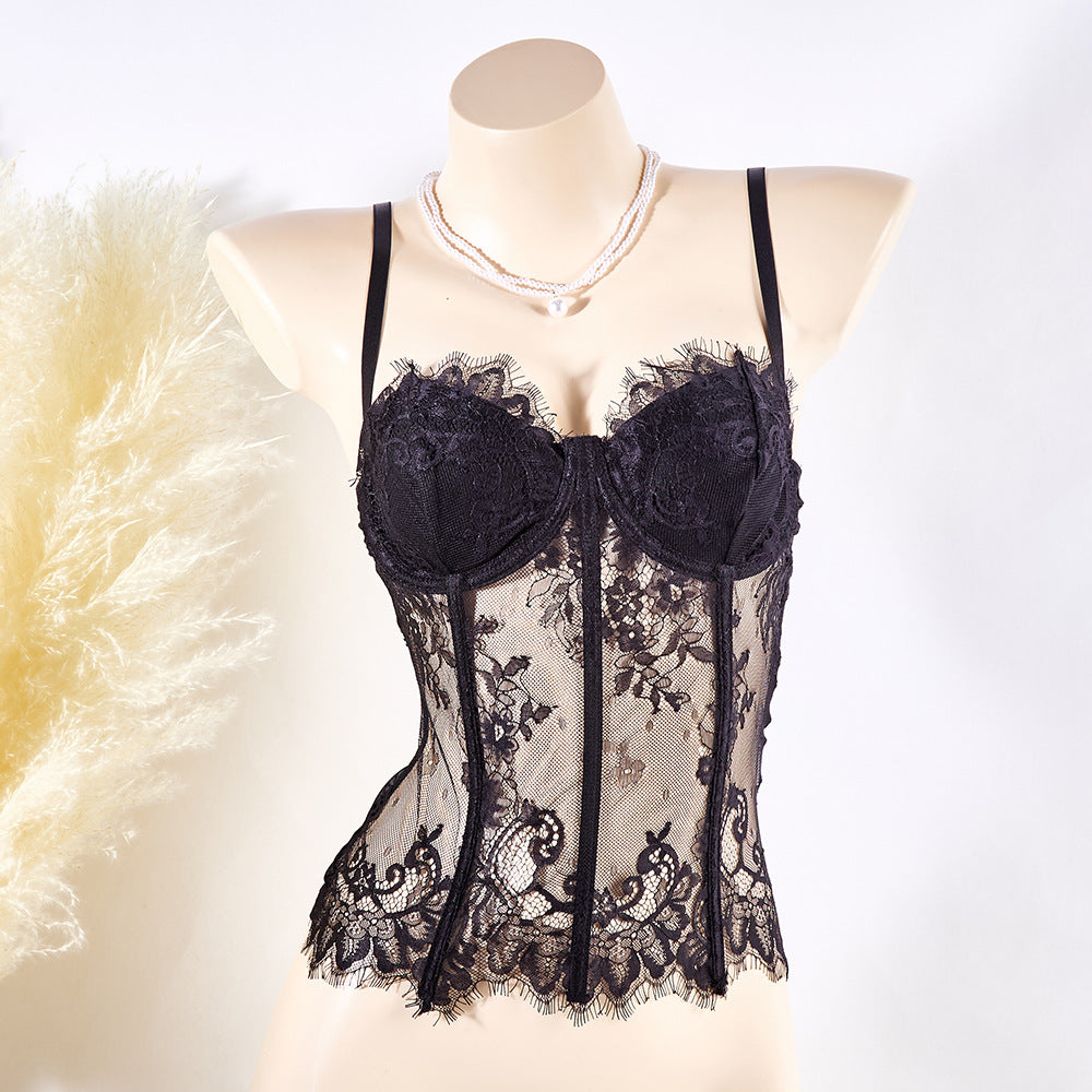 Seductive Sheer Lace Corset Bustier Lingerie with Eyelash Trim