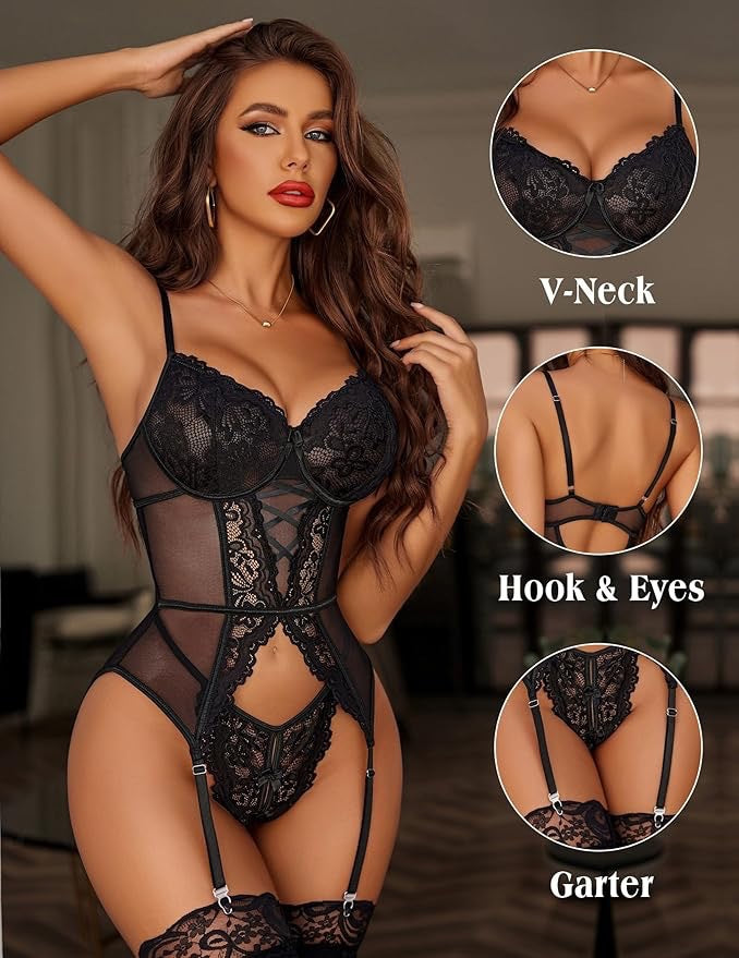 Floral Lace Corset Lingerie Set with Garter Straps And Cutout Detail