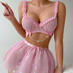 Ruffle Trim Lingerie Set with Pearl Chain And Butterfly Tulle Skirt