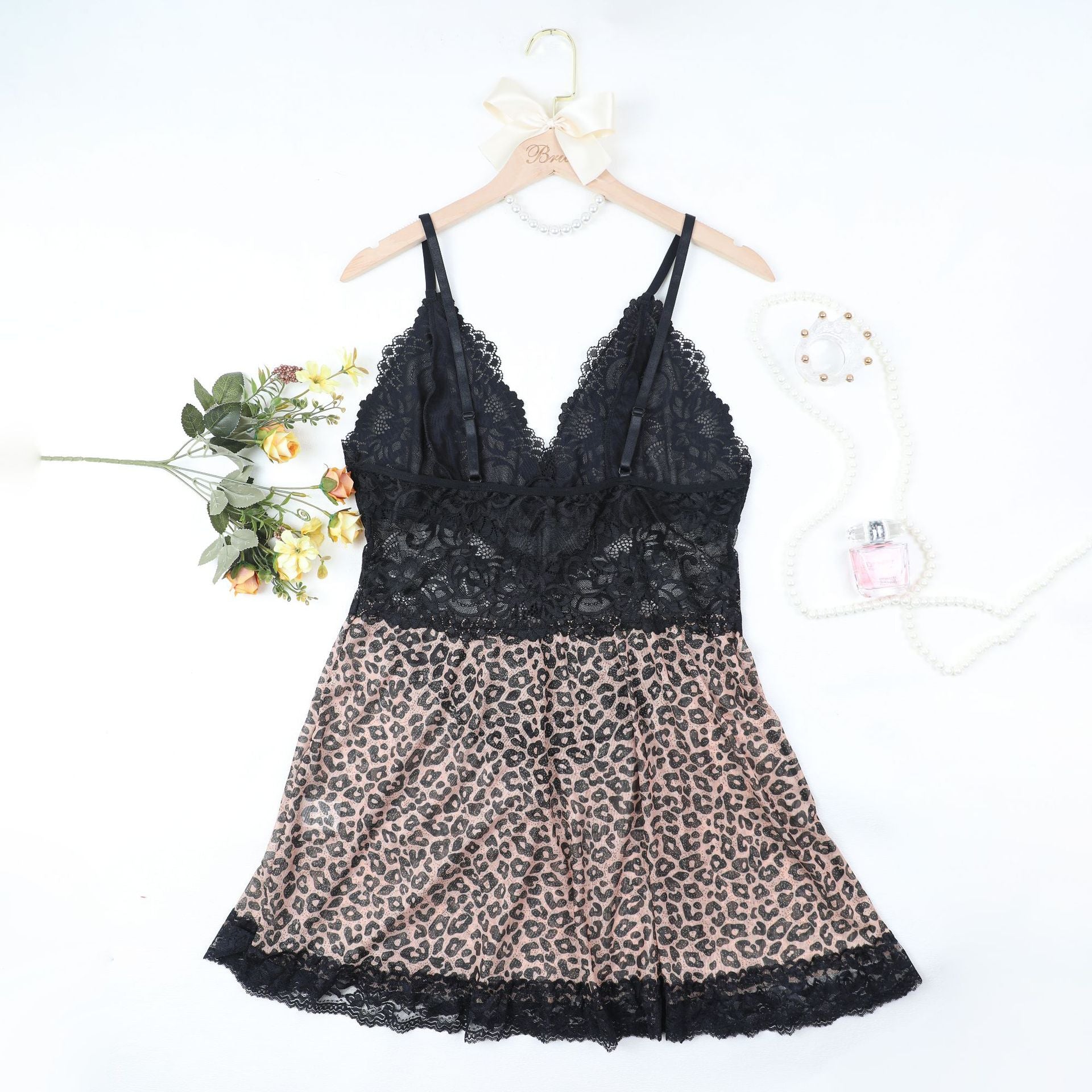 Leopard Print Lace Babydoll with Sheer Mesh Bust