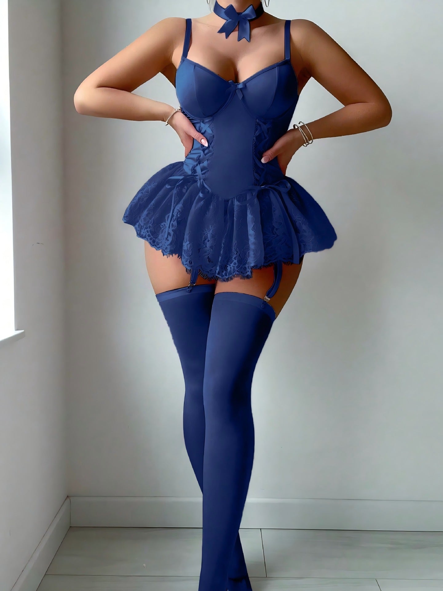 Bow Accent Ruffle Lace Lingerie Dress