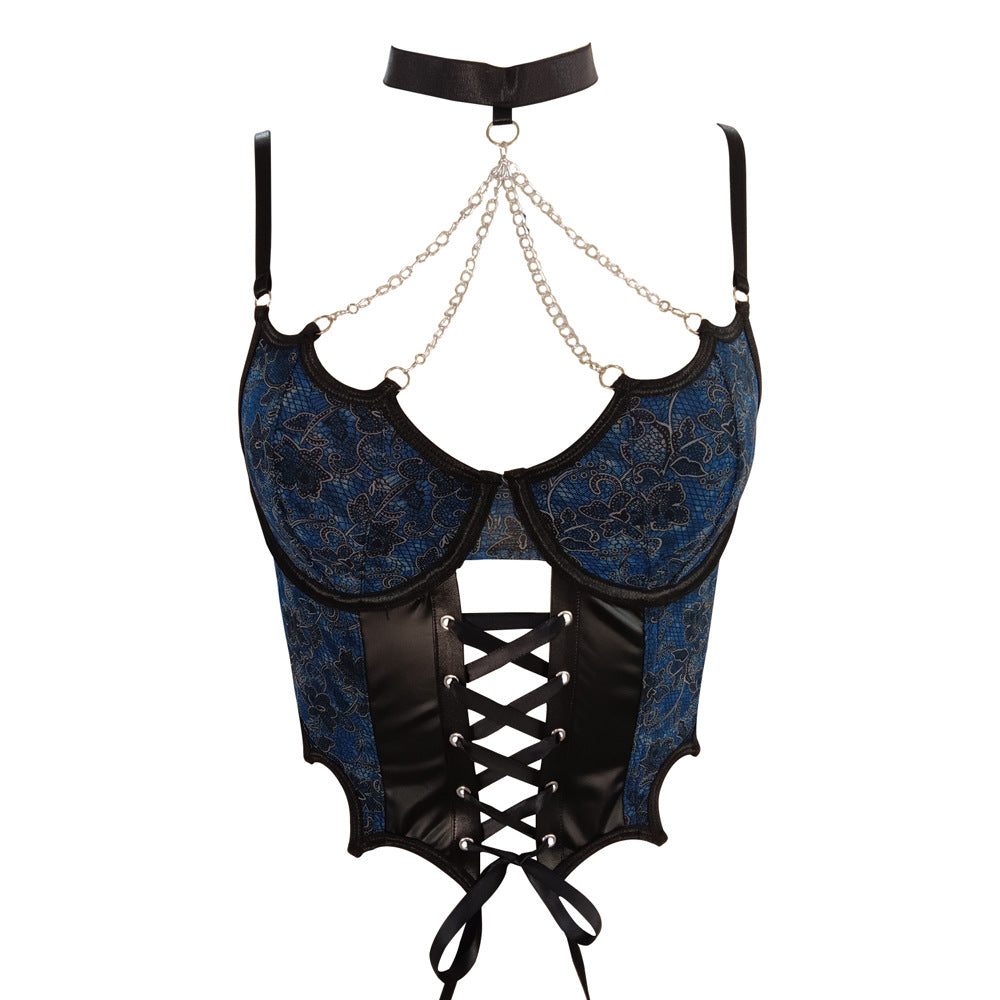 Floral Lace Corset with Front Lace-Up & Choker Chain Accent