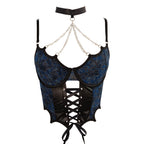 Floral Lace Corset with Front Lace-Up & Choker Chain Accent