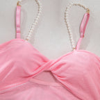 Pearl Spaghetti‑Strap Sheer Mesh Ruched Chemise