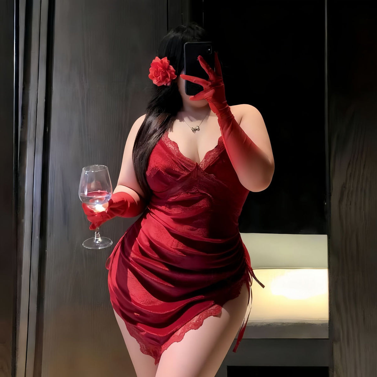 Plus Size Sexy Deep V Lace Cami Nightdress with Waist Cinch Drawstring, Hip-Hugging Velvet Mini Dress