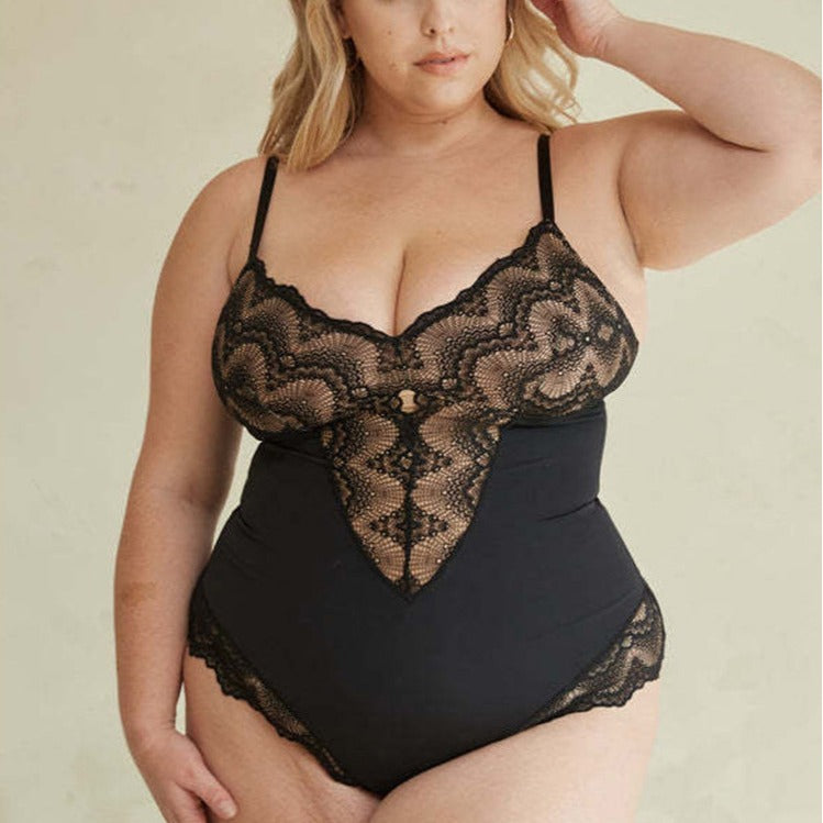 Plus Size Lace Trim Shapewear Bodysuit with Adjustable Straps
