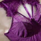 Fringe Lace Halter Cutout Waist Cinching High Cut Sheer Mesh Teddy Bodysuit