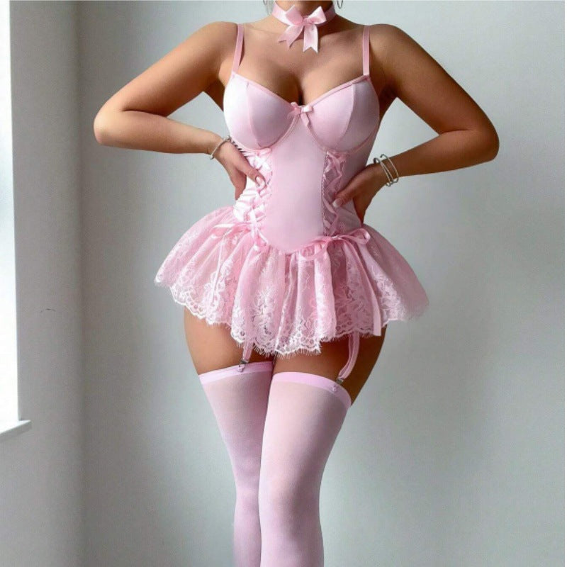 Bow Accent Ruffle Lace Lingerie Dress