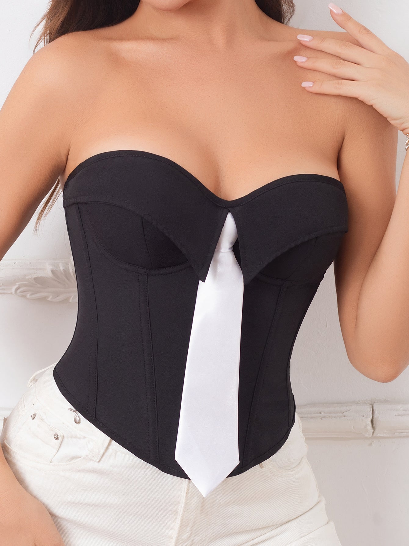Strapless Push-Up Corset Top with Tie Detail & Back Lace-Up