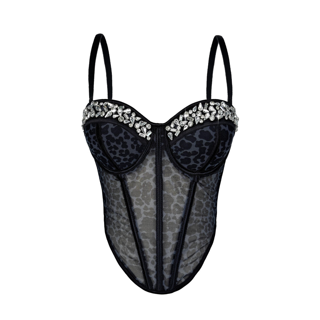 Leopard Print Sheer Mesh Corset Bustier