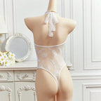Deep‑V Lace‑Up Sheer Bodysuit with Halter