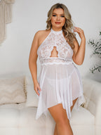 Plus Size Floral Lace Halter Babydoll with Cutout And Asymmetrical Hem