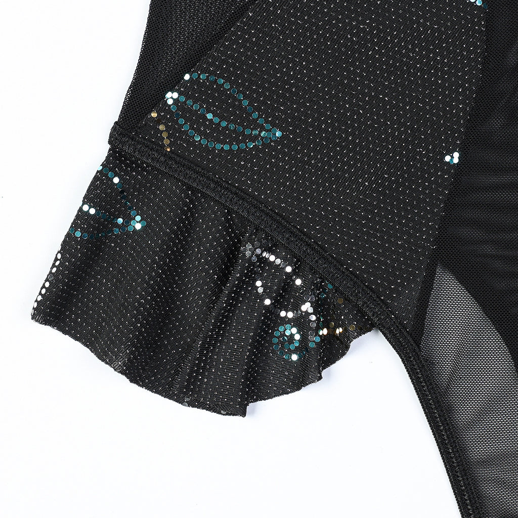 Mesh Criss‑Cross Ruffled Bodysuit