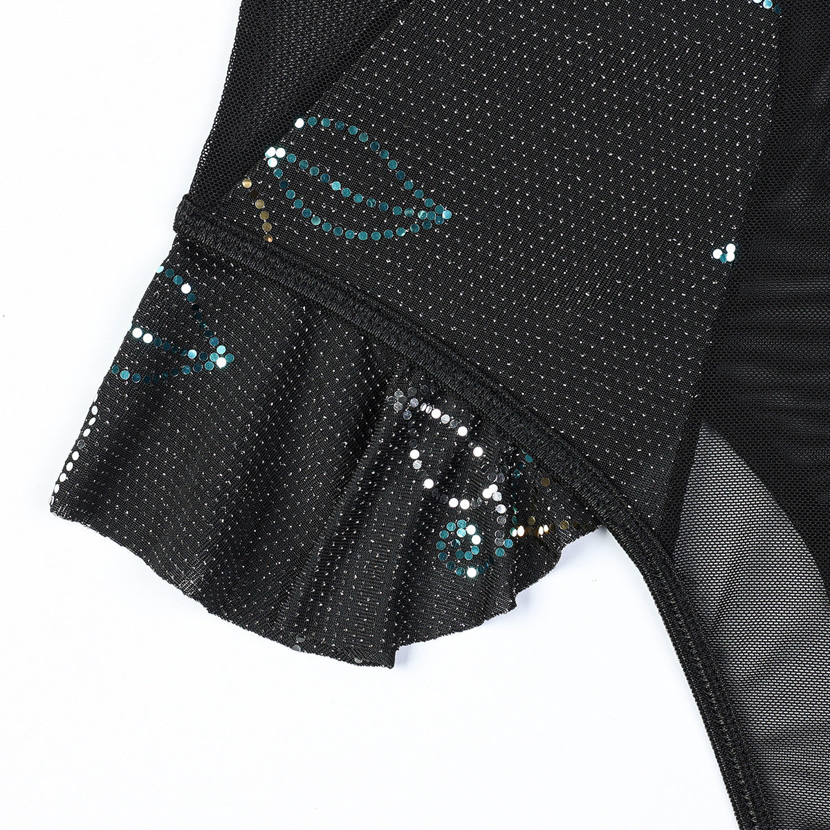 Mesh Criss‑Cross Ruffled Bodysuit