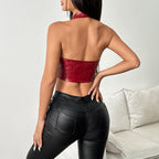 Faux Leather Halter Open Back Waist Cinching Corset Crop Top