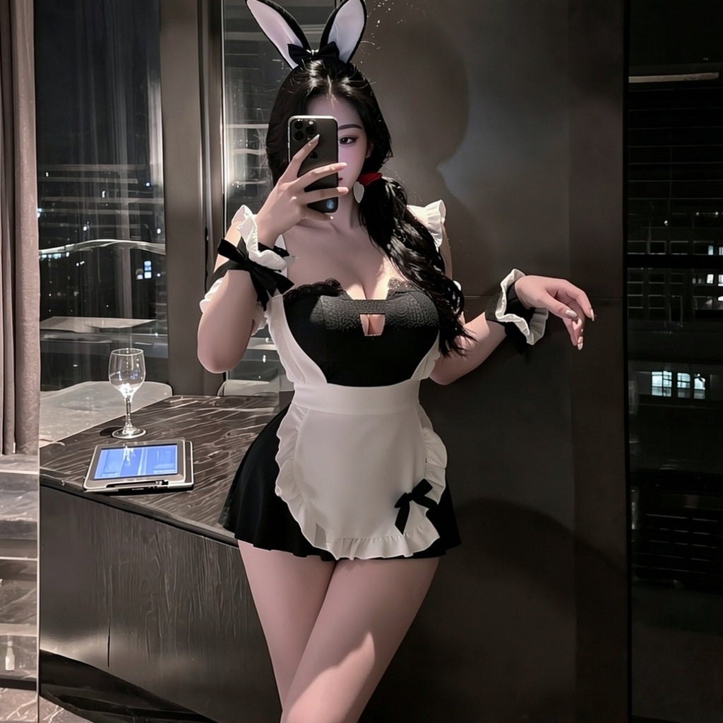 Bunny Girl Maid Sexy Lingerie Set – Pure & Seductive Bodysuit, Easy-Access Flirty Costume for Small Bust