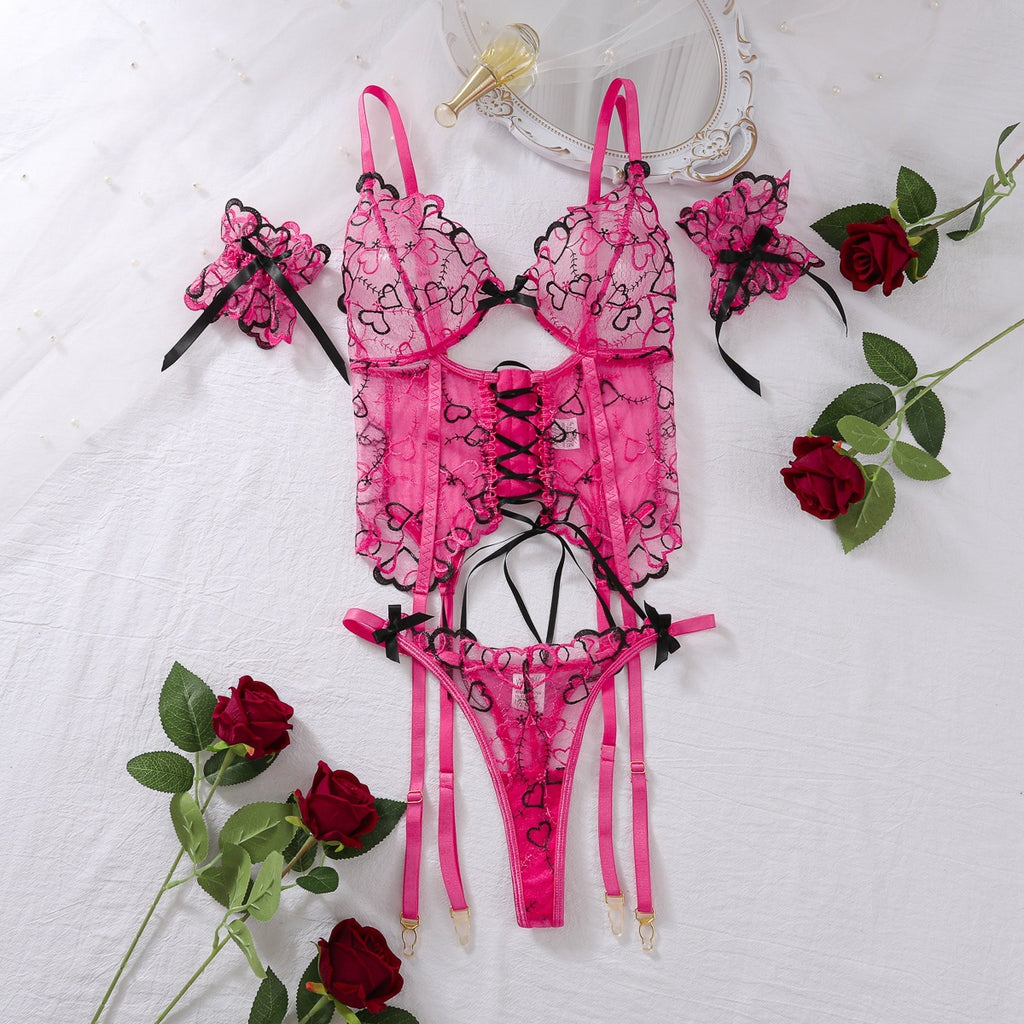 Thin Strappy Heart Embroidered Bra Sets