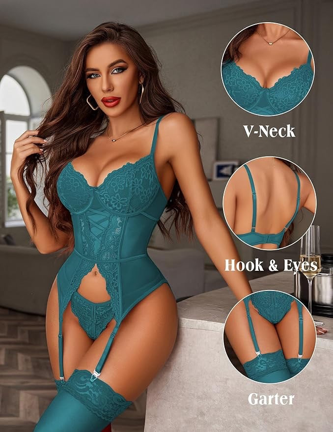 Floral Lace Corset Lingerie Set with Garter Straps And Cutout Detail