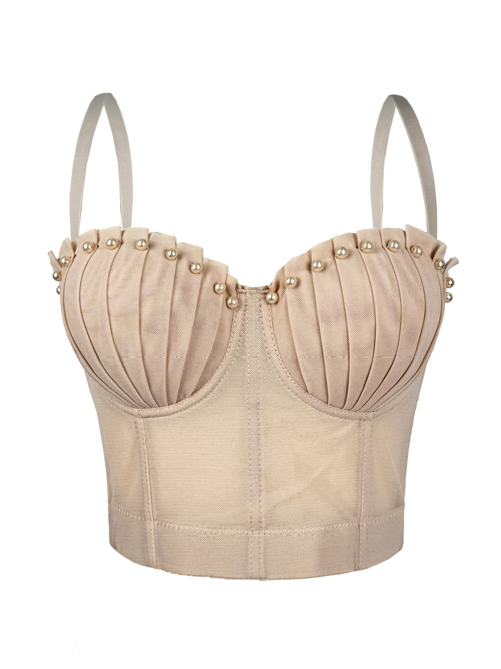 Pearl-Embellished Mesh Structured Corset Bustier