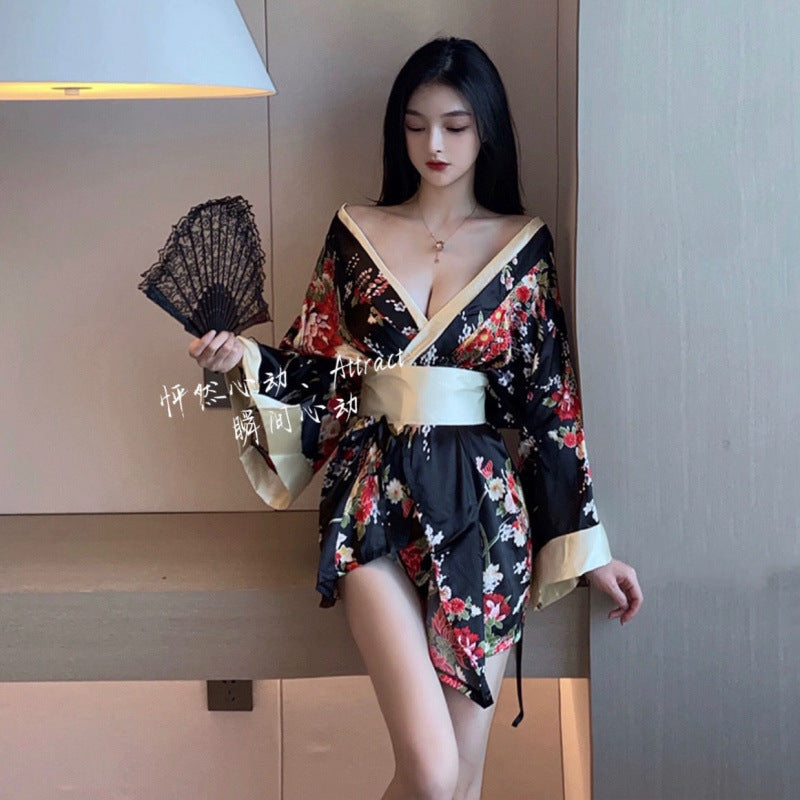Shōwa Geisha Kimono Lingerie Robe, Sexy Deep V Cosplay Sleepwear
