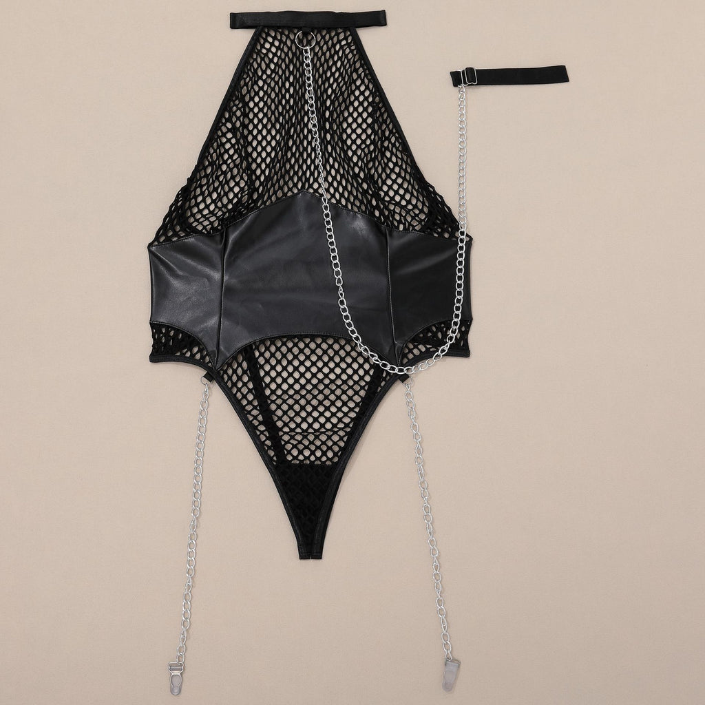 Seductive Fishnet And Faux Leather Bodysuit with Chain Cuffs
