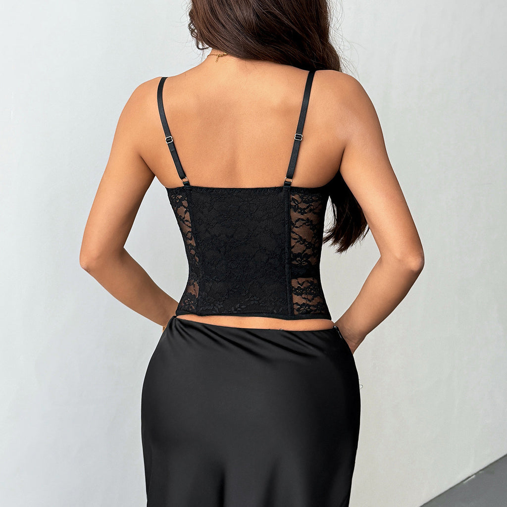 Lace Corset Top with Front Hook Closure & Mesh Panels