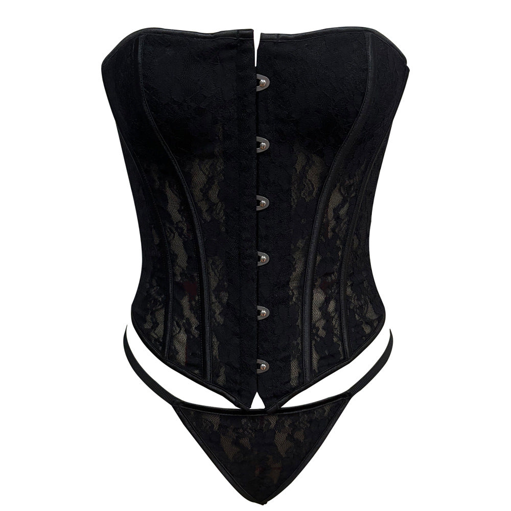 Sheer Lace Lingerie Corset Set with Adjustable Back Tie