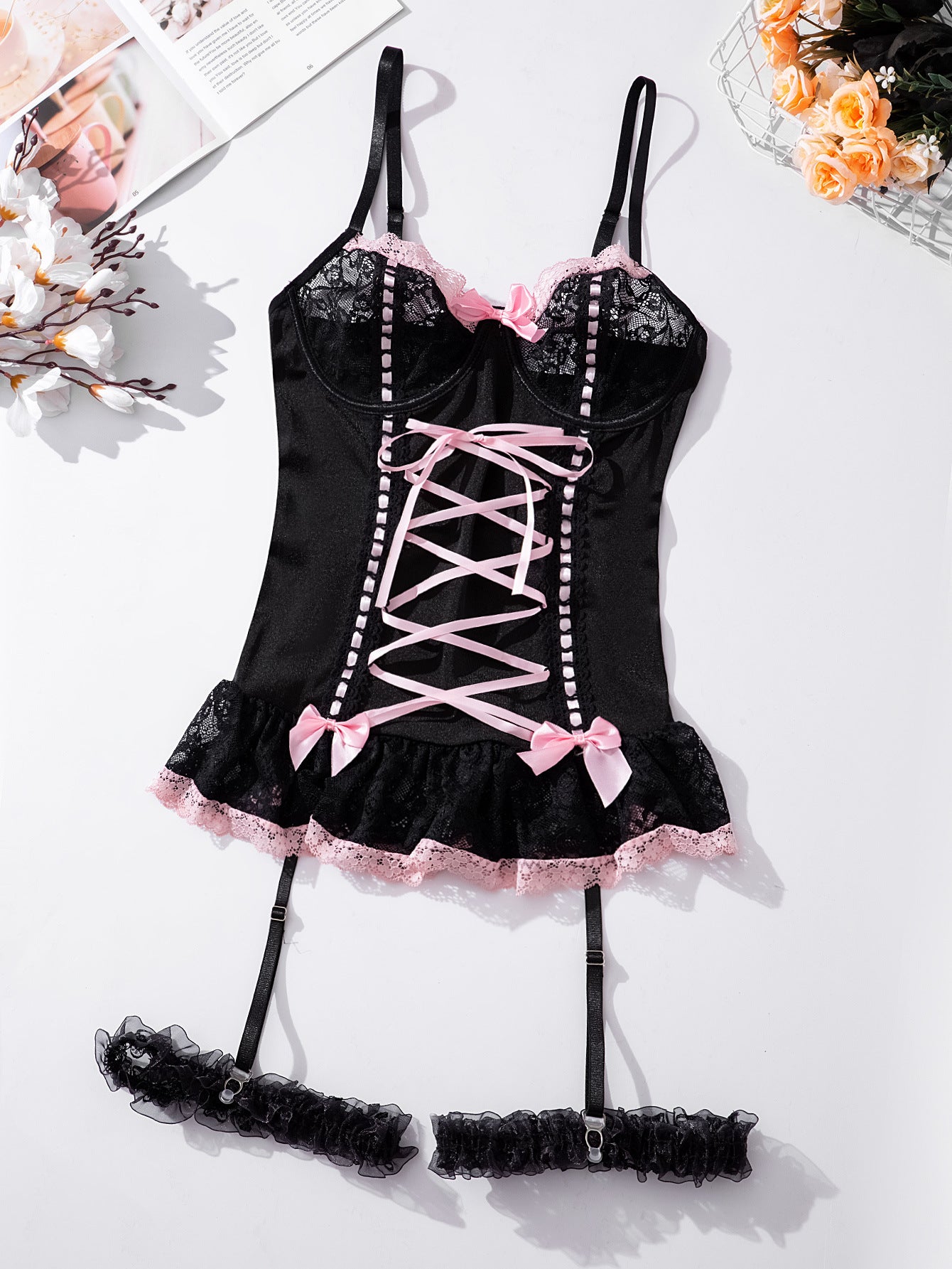 Lace-Up Corset Lingerie Set with Garter Straps