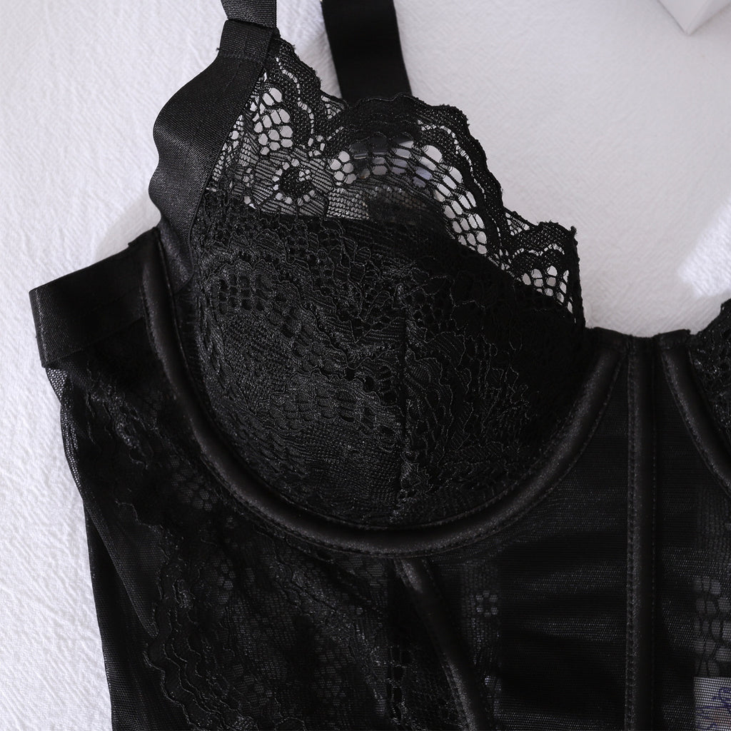 Floral Lace Sheer Mesh Open‑Back Mini Lingerie