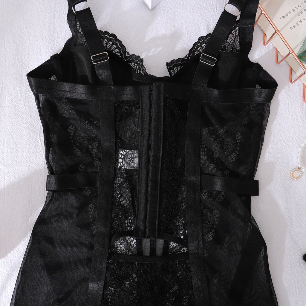 Floral Lace Sheer Mesh Open‑Back Mini Lingerie