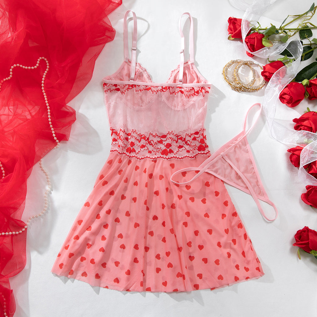 Heart‑Motif Lace‑Panel Sheer Mesh Babydoll
