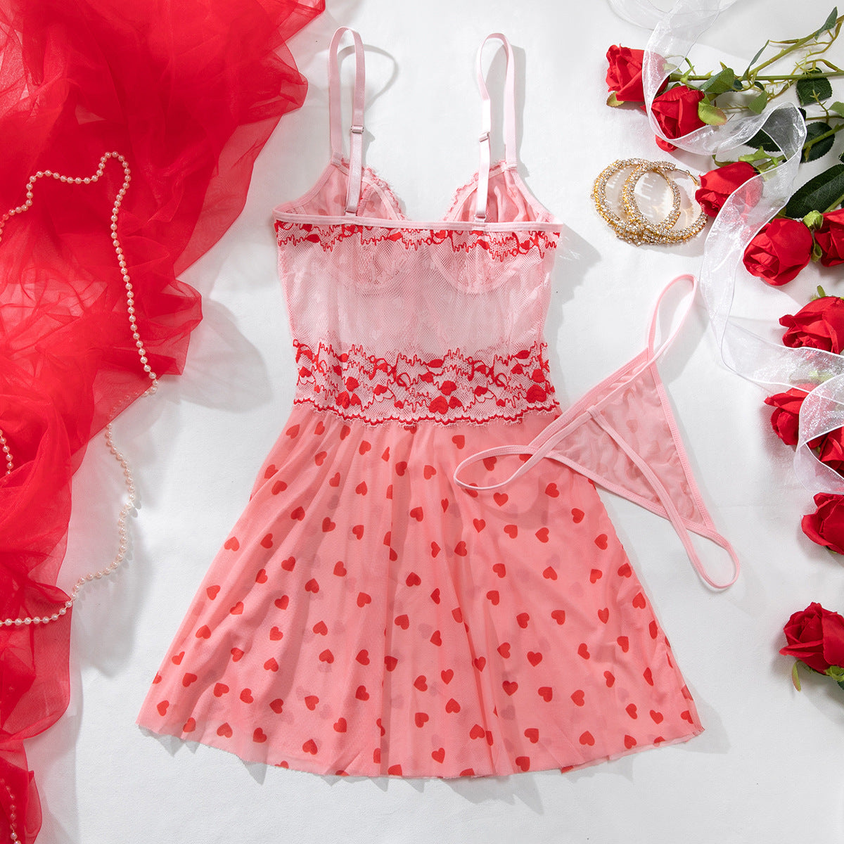 Heart‑Motif Lace‑Panel Sheer Mesh Babydoll