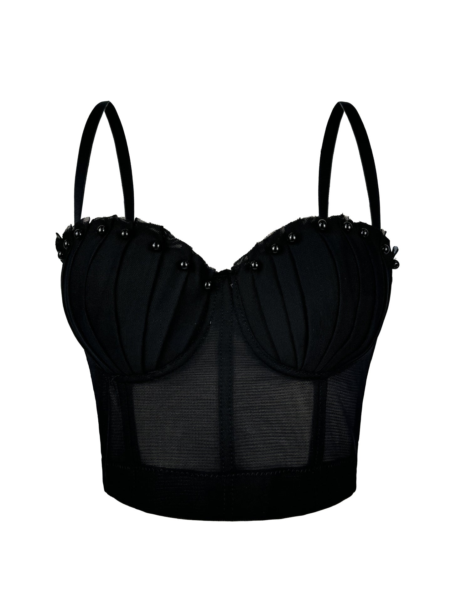 Pearl-Embellished Mesh Structured Corset Bustier