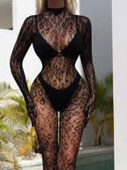 Sexy Long Sleeve One-Piece Fishnet Lingerie Bodysuit with Closed Crotch