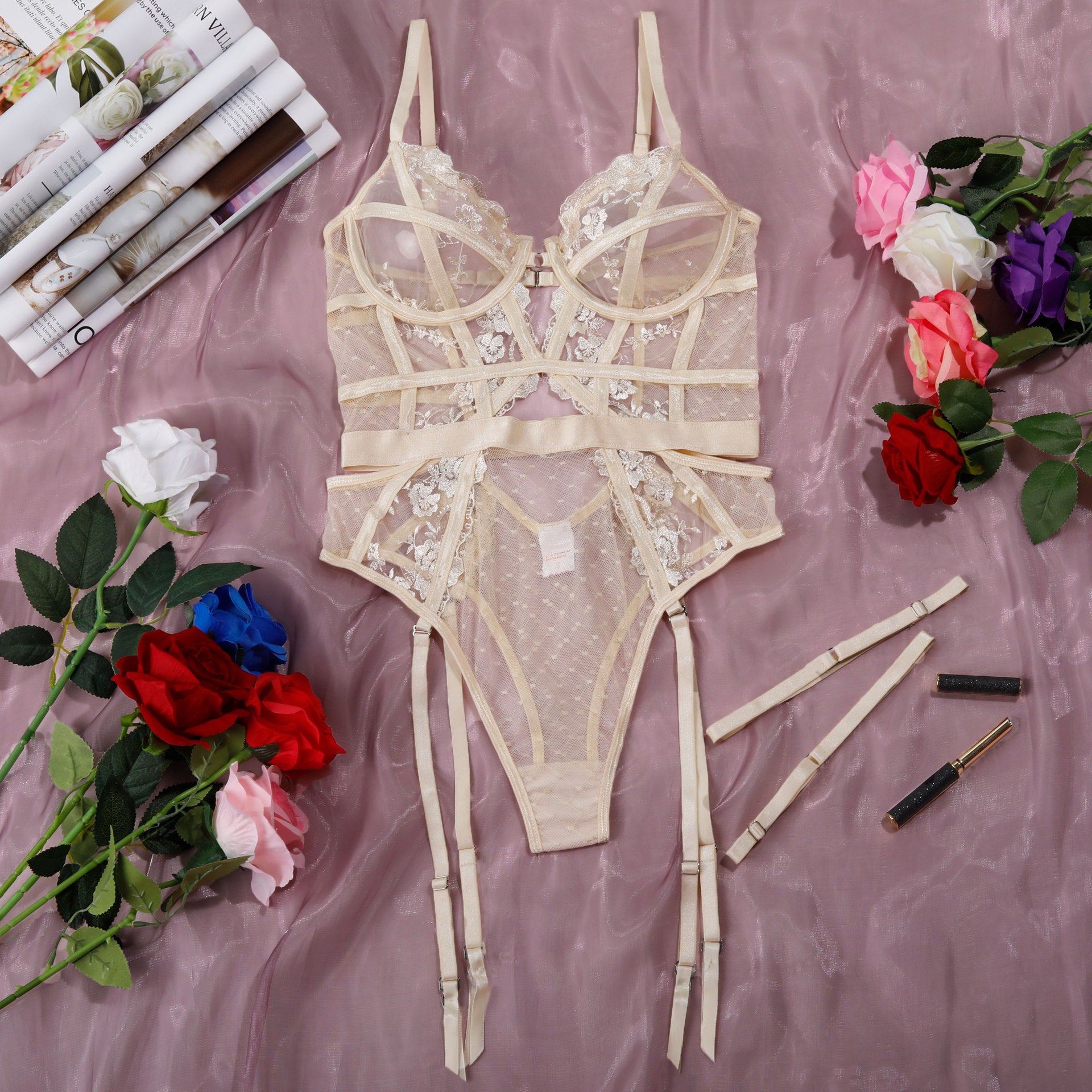 Erotic Corset-Style Lace Bodysuit with Cut-Out Waist