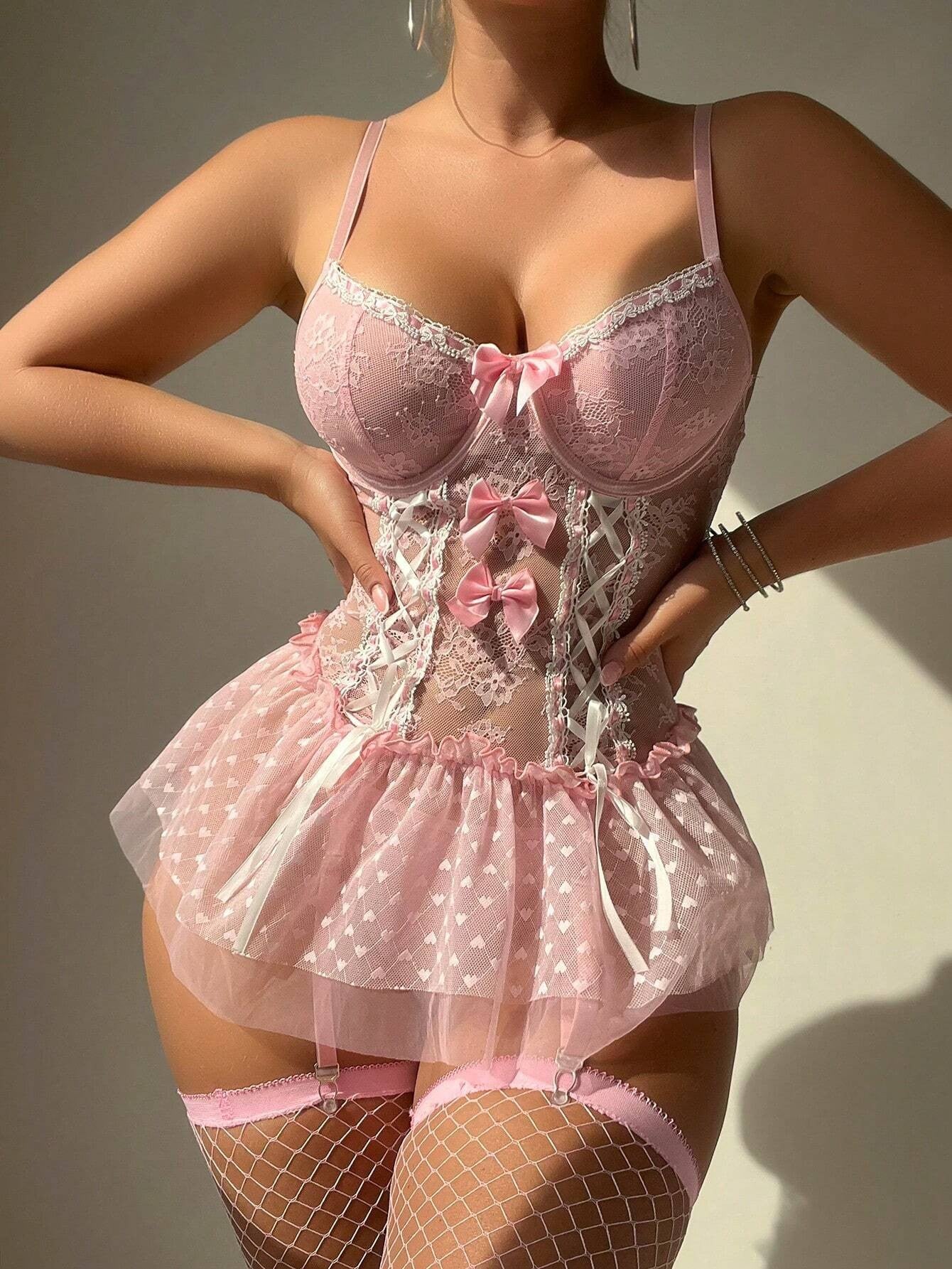 Lace-Up Corset Lingerie Dress with Heart Detail