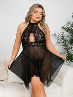 Plus Size Floral Lace Halter Babydoll with Cutout And Asymmetrical Hem