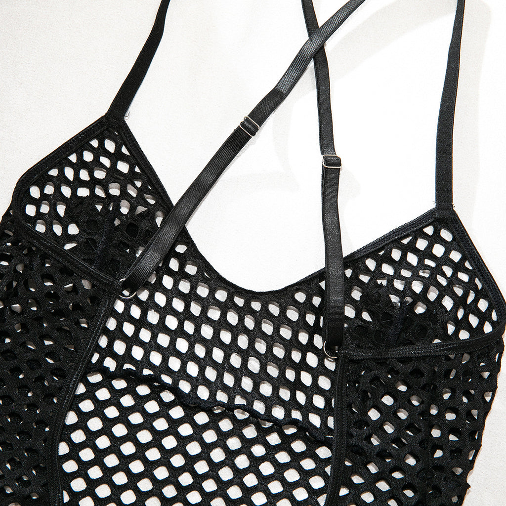 Fishnet Mesh Cross‑Back Criss‑Cross Bodysuit