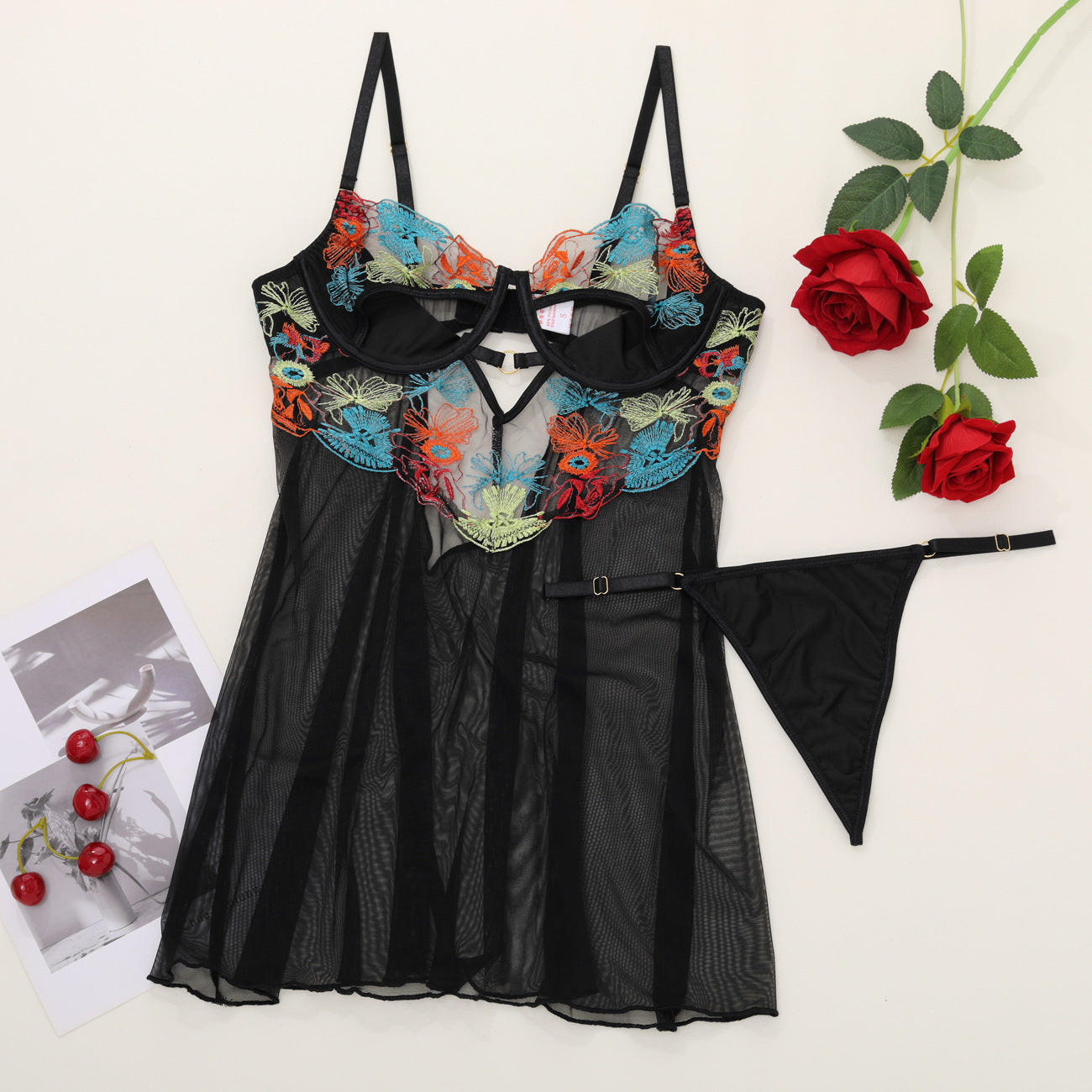 Flower Lace Sling Open Back Romantic Erotic Nightwear