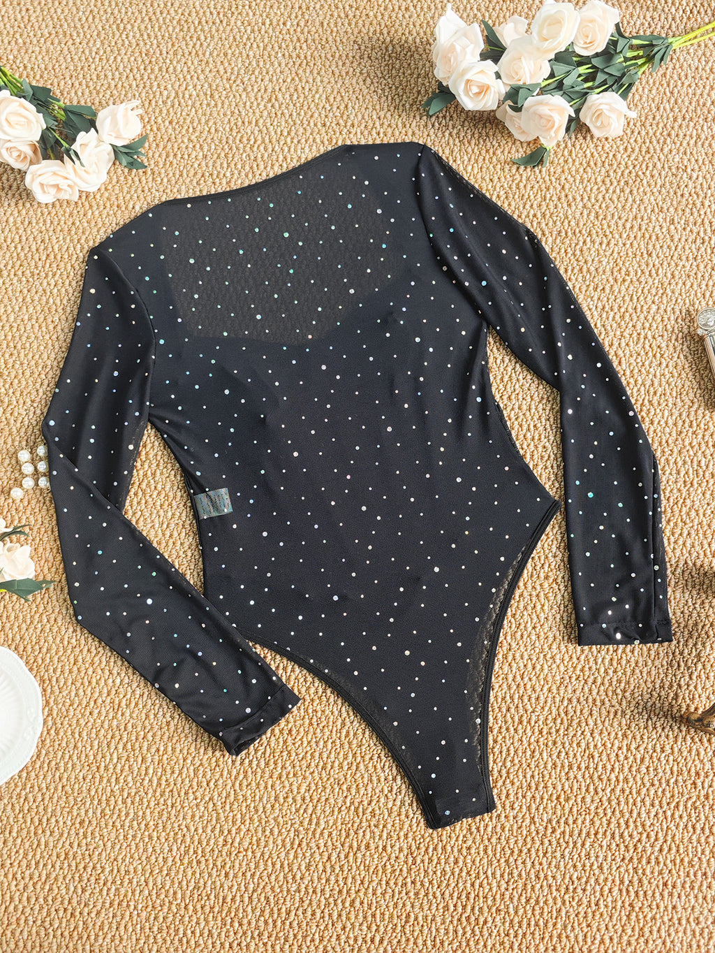 Rhinestone Sheer Mesh Corset Bodysuit with Square Neckline