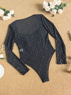 Rhinestone Sheer Mesh Corset Bodysuit with Square Neckline