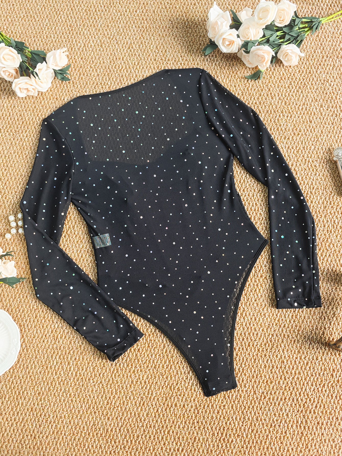 Rhinestone Sheer Mesh Corset Bodysuit with Square Neckline