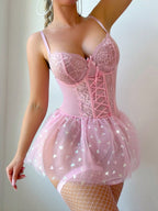 Floral Lace Lingerie Dress with Heart Print Tulle Skirt And Garter Straps